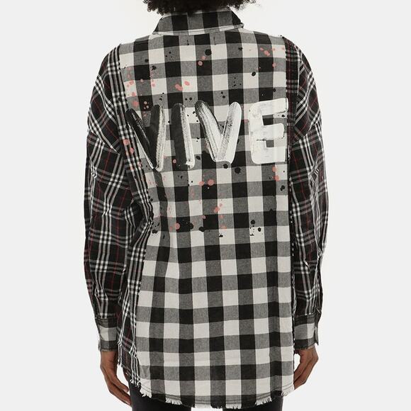 Desigual Tops - Desigual Shirt Women's Size Medium 'Vive' Patchwork Plaid Long Sleeve Cotton B&W